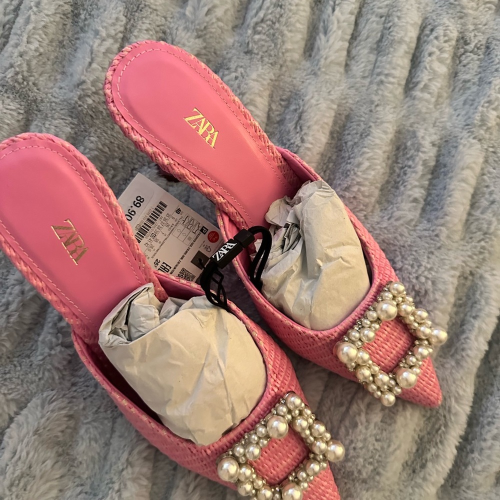 Zara pearl embellished pink mule heels